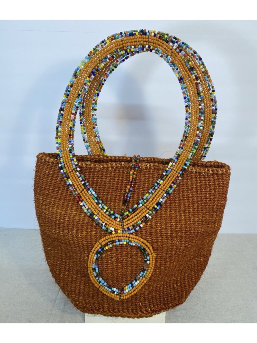 Handmade Brown Multi Color Beadwork Handwoven Bucket Bag Made in Kenya - Picture 7 of 11